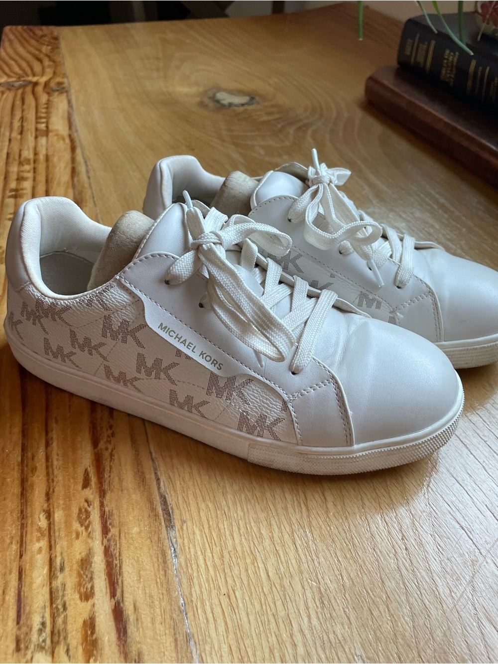 Michael Kors White Sneakers with Tan MK Logo Accents